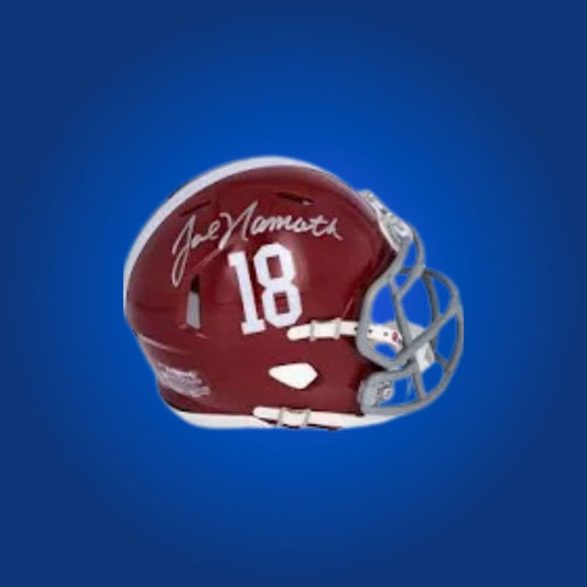 Joe Namath signed Alabama Crimson Tide mini helmet—collectible item for Alabama football fans and memorabilia seekers.
