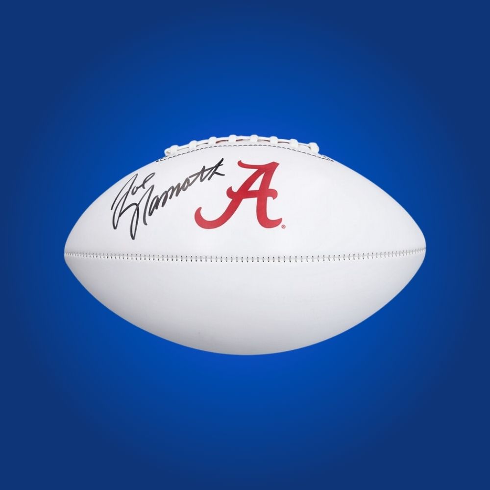Joe Namath signed Alabama Crimson Tide white logo football, collectible football for fans and sports memorabilia enthusiasts.