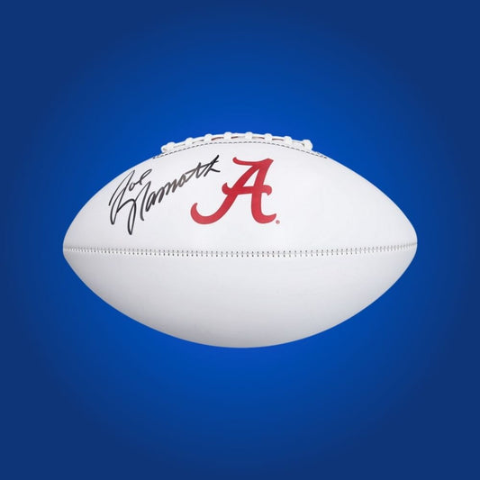 Joe Namath signed Alabama Crimson Tide white logo football, collectible football for fans and sports memorabilia enthusiasts.