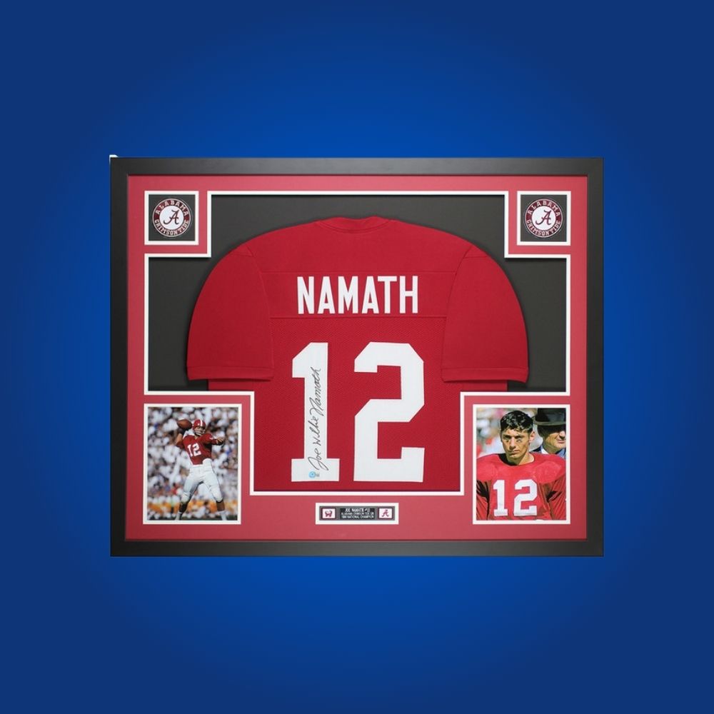 Joe Namith Signed Full Framed Custom Alabama Crimson Tide Jersey – autographed memorabilia, crimson framed jersey collectible, perfect for college football fans.
