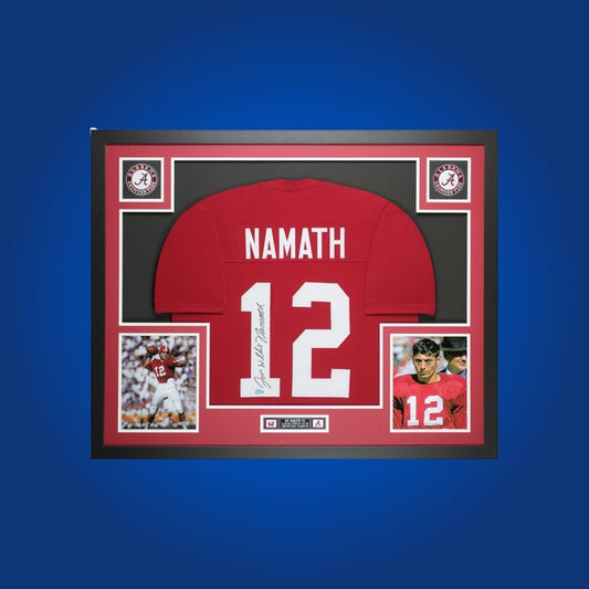 Joe Namith Signed Full Framed Custom Alabama Crimson Tide Jersey – autographed memorabilia, crimson framed jersey collectible, perfect for college football fans.