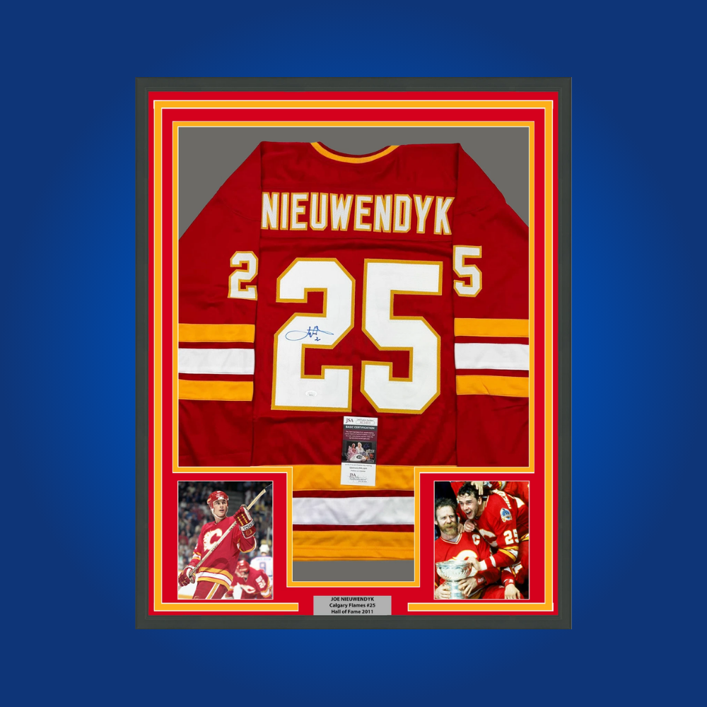 Joe Nieuwendyk’s full framed Calgary Flames red jersey, hand-signed, is a cherished collectible that pays homage to his contributions and championship legacy in Calgary.