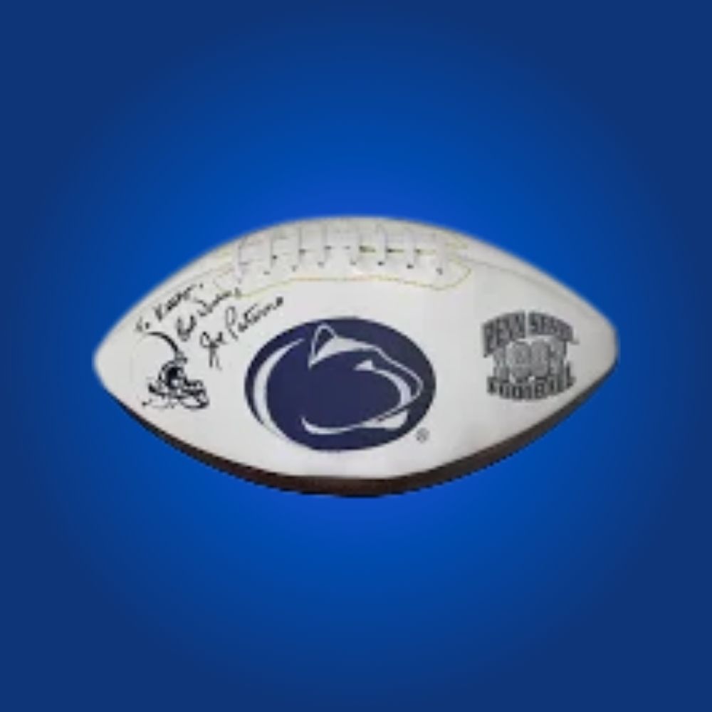 Autographed full size replica football by Joe Paterno, featuring Penn State Nittany Lions white logo. Certified authentic, a legendary collectible for Nittany Lions fans and sports memorabilia collectors. Includes Certificate of Authenticity. Ball details may vary for catalog consistency.