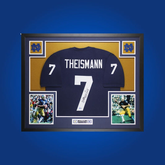 Joe Theismann Signed Full Framed Custom Notre Dame Fighting Irish Jersey – autographed memorabilia, NFL MVP quarterback collectible, must-have for Notre Dame followers.