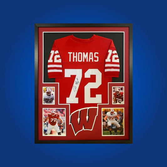 Joe Thomas Signed Full Framed Custom Wisconsin Badgers Jersey – autographed memorabilia, Hall of Fame offensive lineman collectible, ideal for Wisconsin supporters.