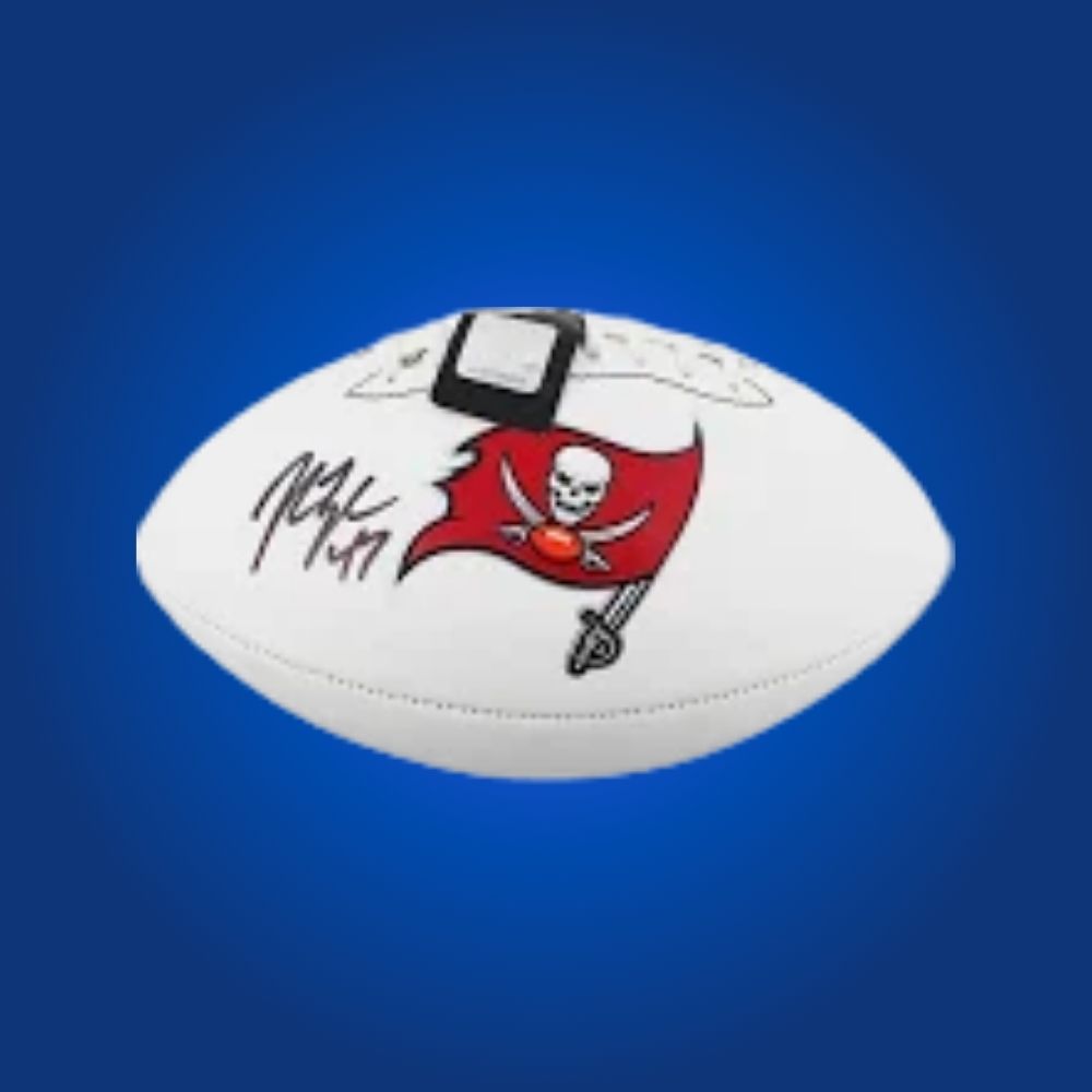 John Lynch signed Buccaneers logo football, featuring Hall of Fame safety’s signature and Bucs logo.