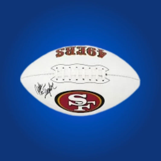 John Taylor signed 49ers logo football, displaying two-time Super Bowl champion’s signature and team branding.