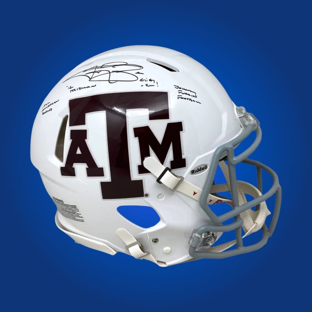 Autographed Texas A&M Aggies full size Authentic Helmet signed by Johnny Manziel, presented on a white background. SportsMarkets official product image.