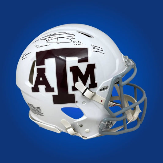 Autographed Texas A&M Aggies full size Authentic Helmet signed by Johnny Manziel, presented on a white background. SportsMarkets official product image.