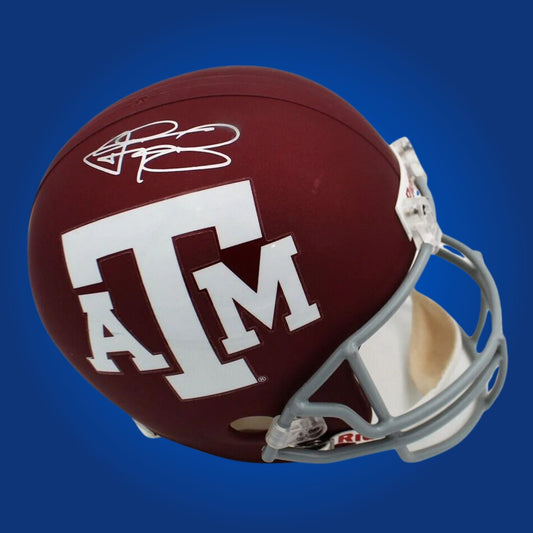 Autographed Texas A&M Aggies full size replica helmet signed by Johnny Manziel, presented on a white background. SportsMarkets official product image.