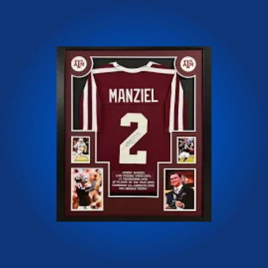 Johnny Manziel Signed Full Framed Custom Texas A&M Aggies Jersey – autographed memorabilia, Heisman-winning quarterback collectible, centerpiece for Texas A&M fans.
