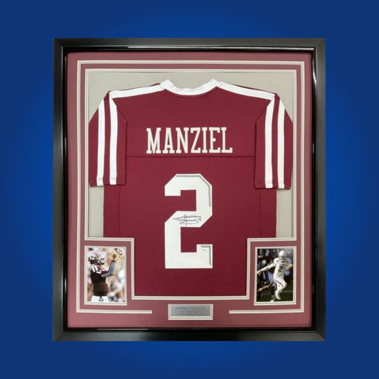 Johnny Manziel Signed Full Framed Custom Texas A&M Aggies Jersey – autographed memorabilia, Heisman-winning quarterback collectible, centerpiece for Texas A&M fans.