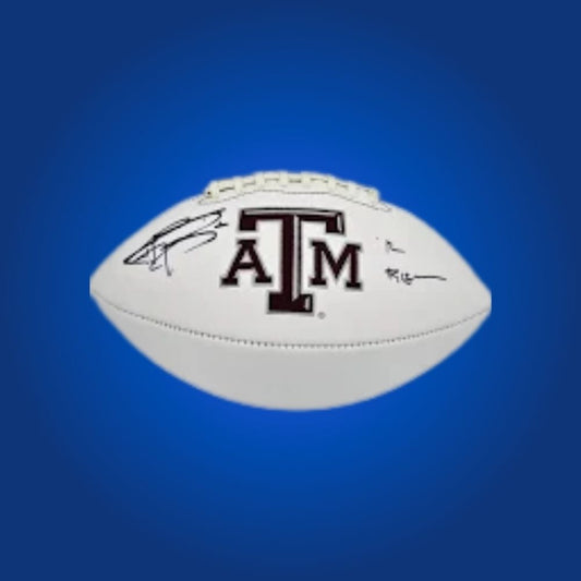 Autographed full size replica football by Johnny Manziel, featuring Texas A&M Aggies white logo. Certified authentic, an essential collectible for Aggies fans and memorabilia collectors. Includes Certificate of Authenticity. Ball details may differ for catalog consistency.