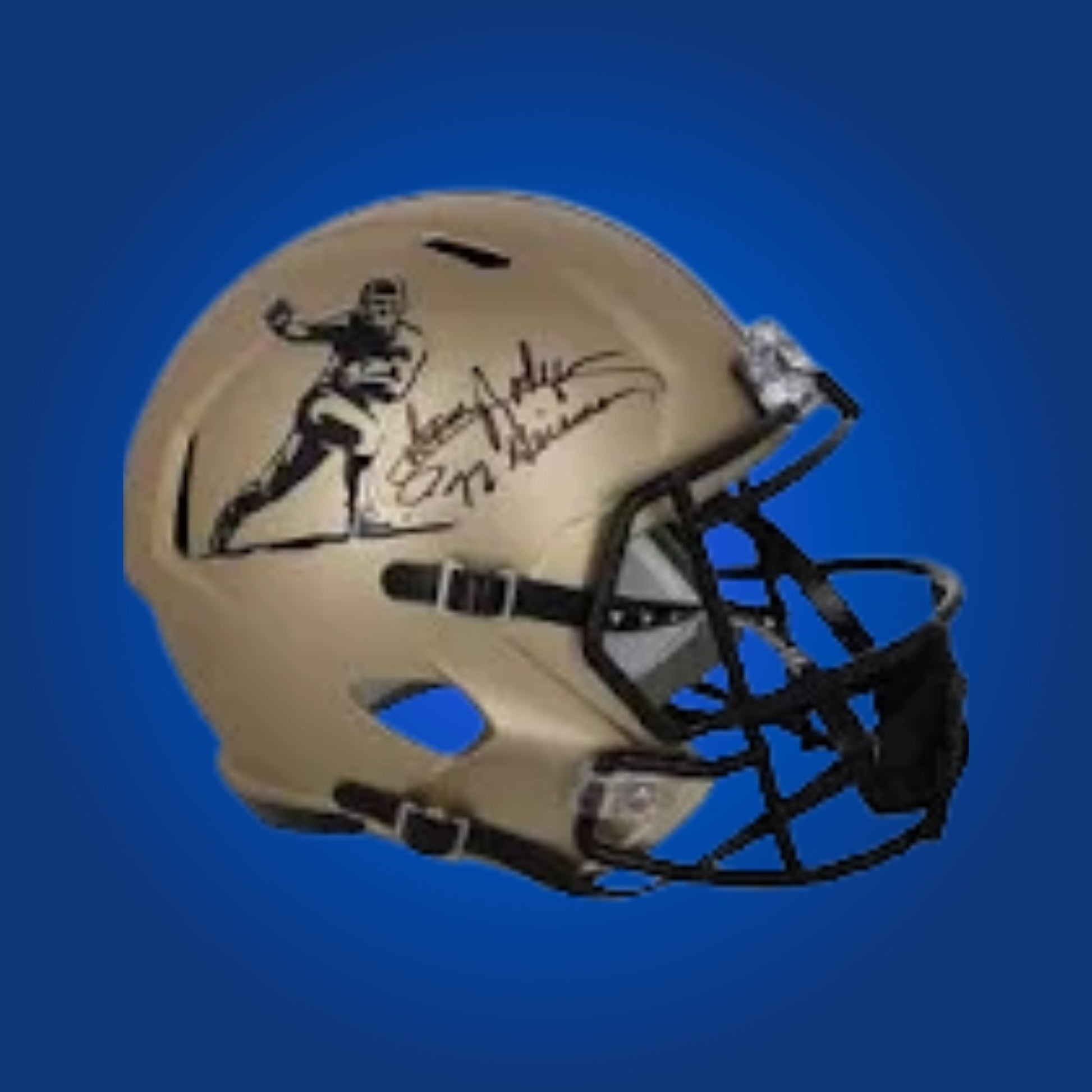 Autographed Nebraska Cornhuskers full size replica helmet signed by Johnny Rodgers, presented on a neutral background. Sports memorabilia image.
