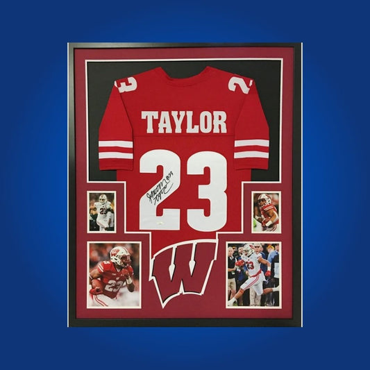 Jonathan Taylor Signed Full Framed Custom Wisconsin Badgers Jersey – autographed memorabilia, All-American running back collectible, essential for Badgers fans.