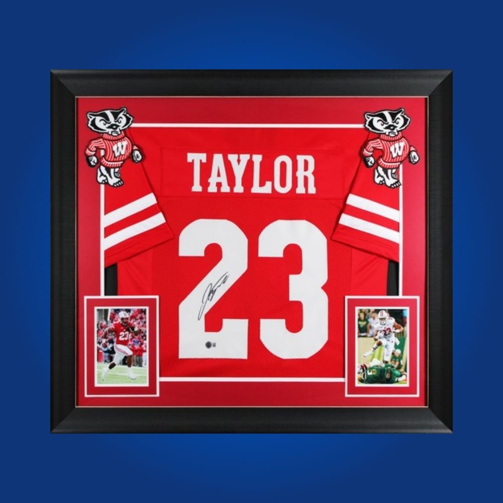 Jonathan Taylor Signed Full Framed Custom Wisconsin Badgers Jersey – autographed memorabilia, All-American running back collectible, essential for Badgers fans.