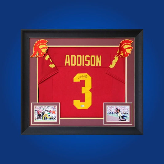 Jordan Addison Signed Full Framed Custom USC Trojans Jersey – autographed memorabilia, Biletnikoff Award-winning wide receiver collectible, essential for Trojans supporters.