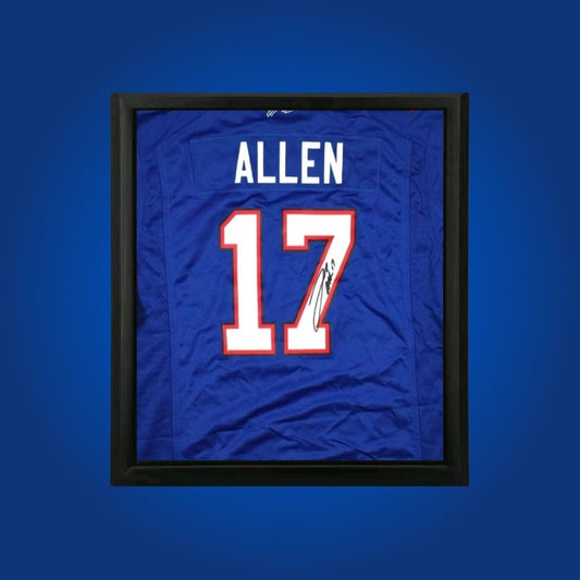 Josh Allen hand-signed blue framed Buffalo Bills jersey, showcasing signature and official team graphics. A unique collectible for Bills fans and Allen memorabilia collectors. Includes Certificate of Authenticity. Images may differ for catalog uniformity.