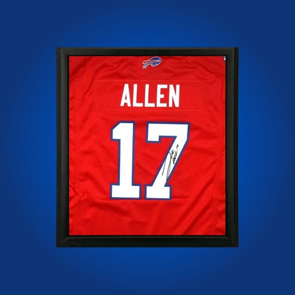 Josh Allen hand-signed red framed Buffalo Bills jersey, showcasing signature and official team graphics. A unique collectible for Bills fans and Allen memorabilia collectors. Includes Certificate of Authenticity. Images may differ for catalog uniformity.