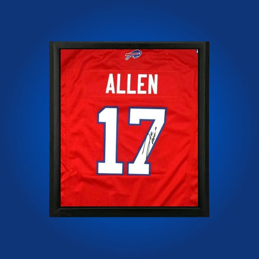 Josh Allen hand-signed red framed Buffalo Bills jersey, showcasing signature and official team graphics. A unique collectible for Bills fans and Allen memorabilia collectors. Includes Certificate of Authenticity. Images may differ for catalog uniformity.
