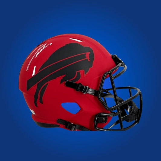 Josh Allen hand-signed red replica Buffalo Bills helmet, showcasing signature and official team graphics. A unique collectible for Bills fans and Allen memorabilia collectors. Includes Certificate of Authenticity. Images may differ for catalog uniformity.