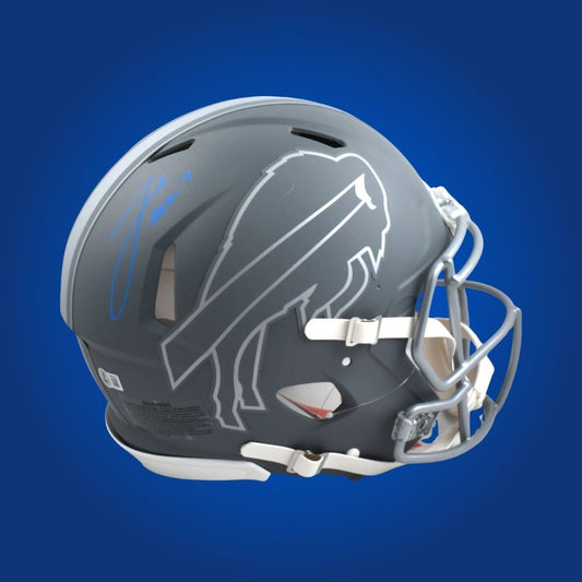Josh Allen hand-signed grey out Buffalo Bills helmet, showcasing signature and official team graphics. A unique collectible for Bills fans and Allen memorabilia collectors. Includes Certificate of Authenticity. Images may differ for catalog uniformity.
