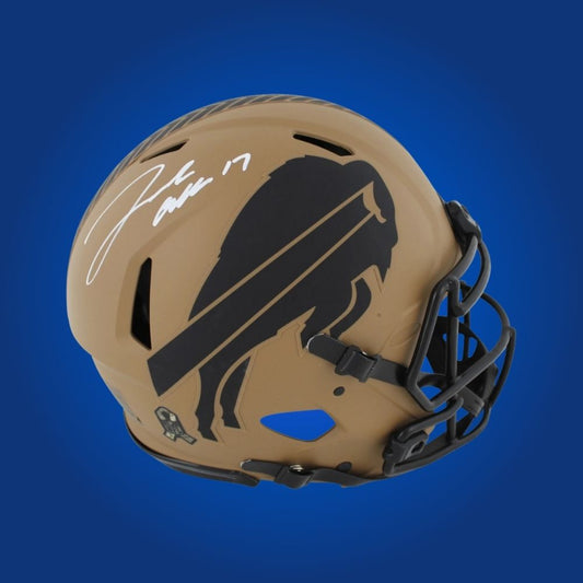 Josh Allen hand-signed military appreciation authentic Buffalo Bills helmet, showcasing signature and official team graphics. A unique collectible for Bills fans and Allen memorabilia collectors. Includes Certificate of Authenticity. Images may differ for catalog uniformity.