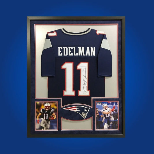 Autographed New England Patriots custom jersey by Julian Edelman with Certificate of Authenticity.