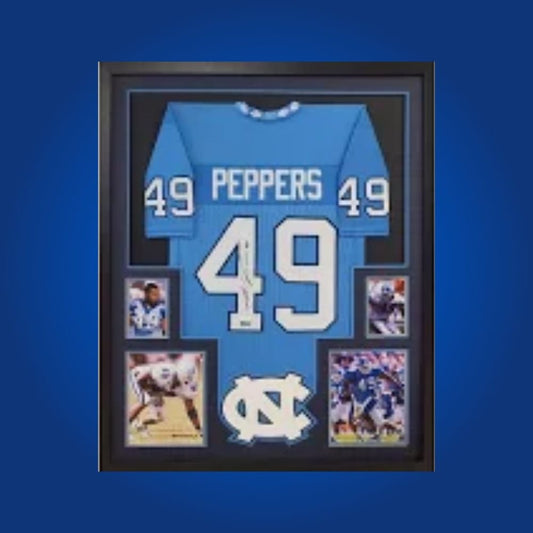 Julius Peppers Signed Full Framed Custom North Carolina Tar Heels Jersey – autographed memorabilia, Hall of Fame defensive end collectible, centerpiece for Tar Heels fans.