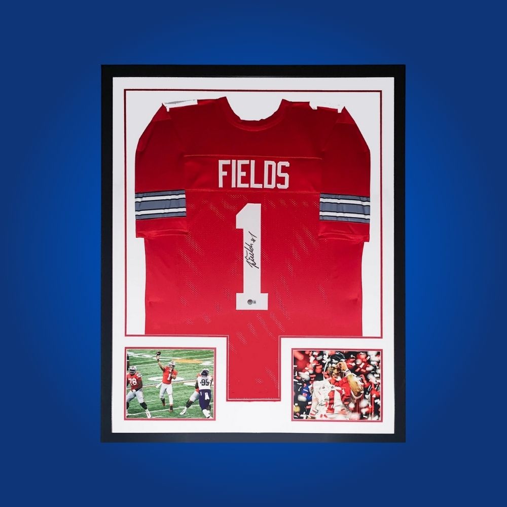 Justin Fields Signed Full Framed Custom Ohio State Buckeyes Jersey – autographed memorabilia, star quarterback collectible, centerpiece for Ohio State supporters.