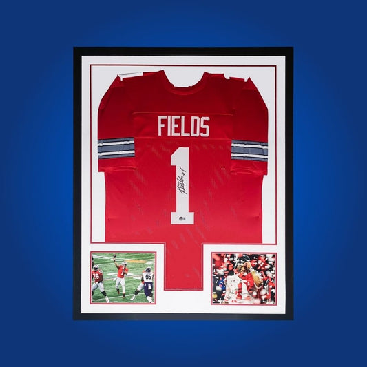 Justin Fields Signed Full Framed Custom Ohio State Buckeyes Jersey – autographed memorabilia, star quarterback collectible, centerpiece for Ohio State supporters.