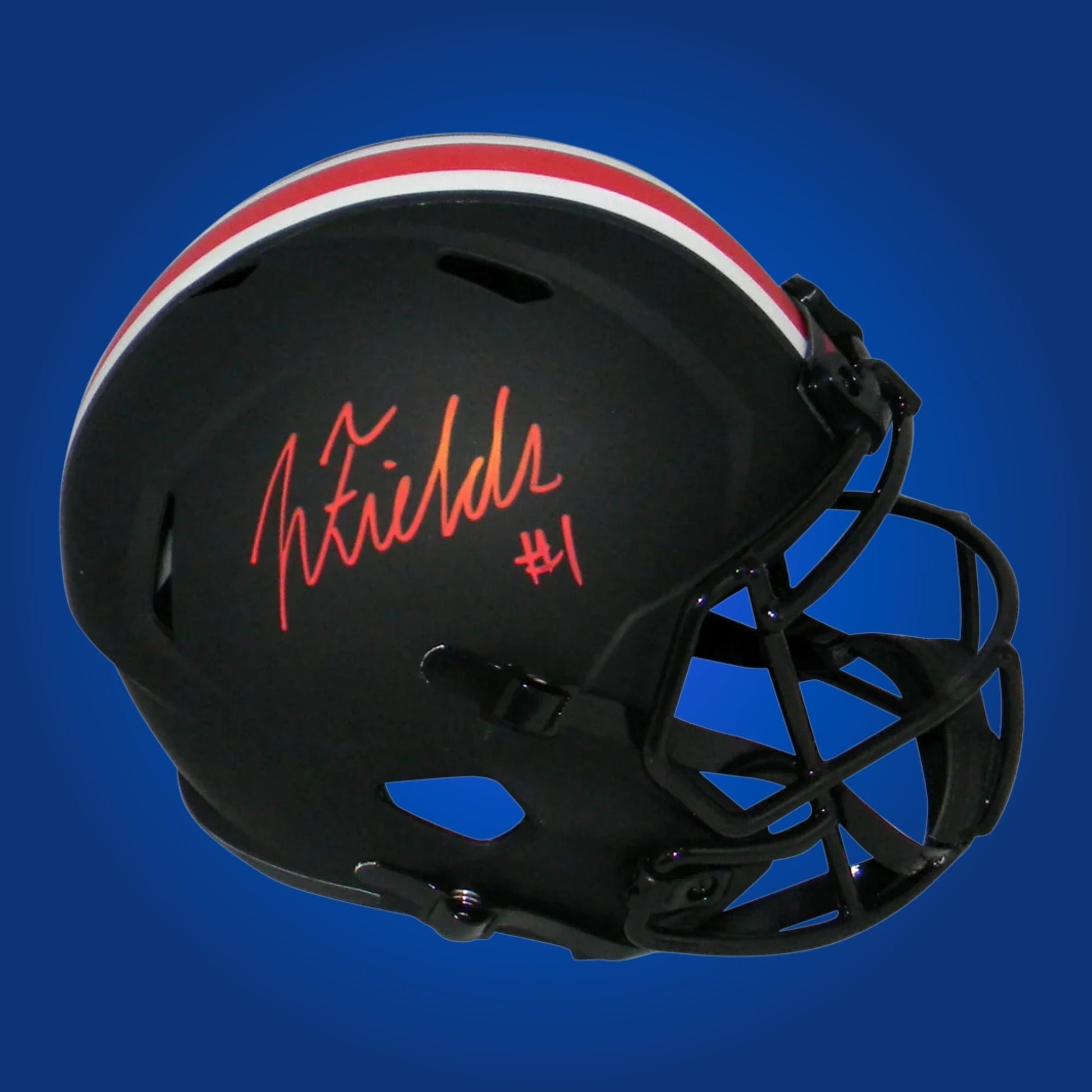 Autographed Ohio State Buckeyes full size replica helmet signed by Justin Fields, showcased on a white background. SportsMarkets product photo.
