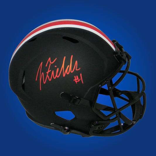 Autographed Ohio State Buckeyes full size replica helmet signed by Justin Fields, showcased on a white background. SportsMarkets product photo.