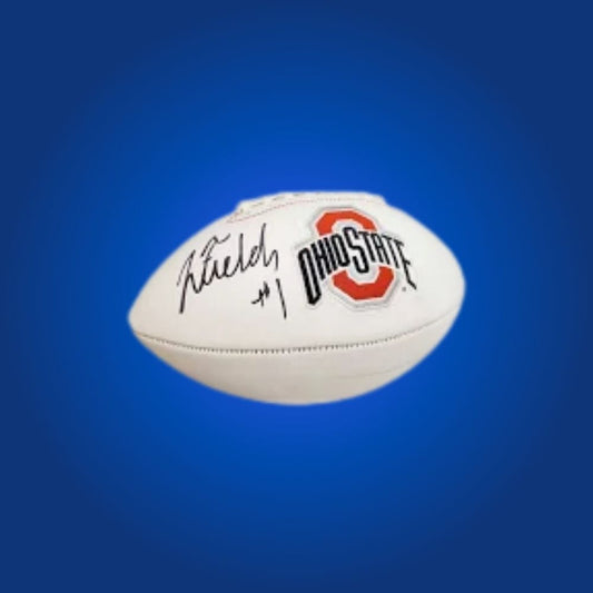 Justin Fields autographed Ohio State Buckeyes white logo football, prized item for dedicated Buckeyes fans and collectors.
