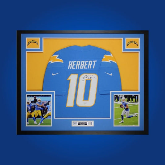 Framed Los Angeles Chargers jersey signed by Justin Herbert with Certificate of Authenticity