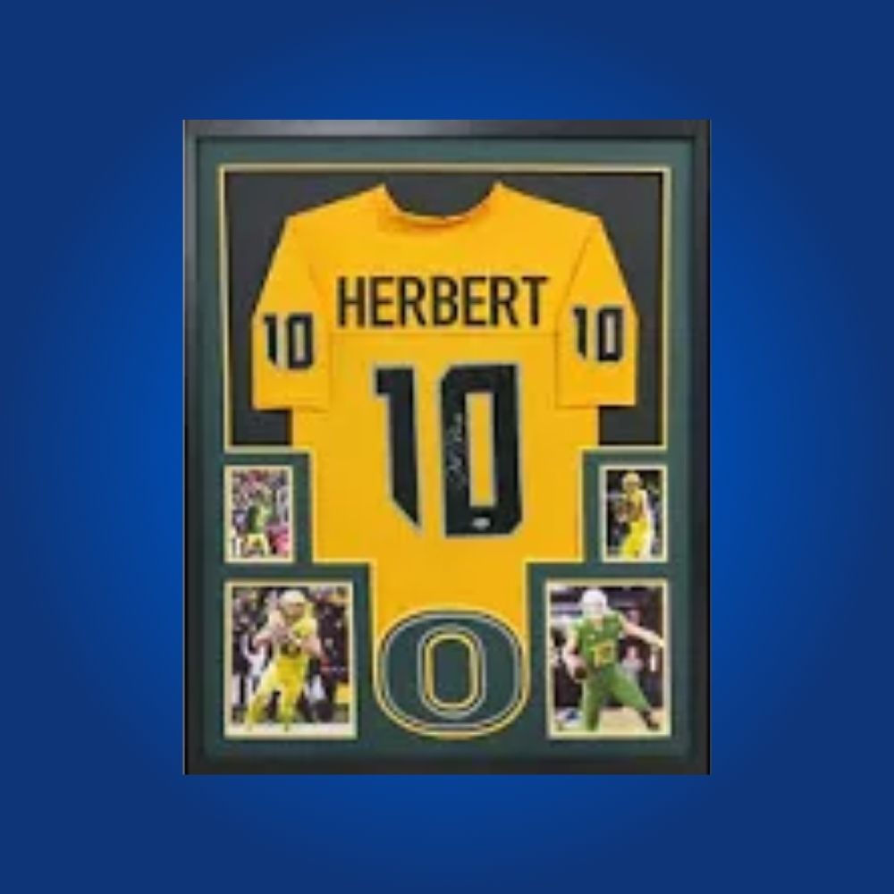 Justin Herbert Signed Full Framed Custom Oregon Ducks Jersey – autographed memorabilia, first-round draft quarterback collectible, perfect for Ducks fans.