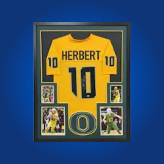 Justin Herbert Signed Full Framed Custom Oregon Ducks Jersey – autographed memorabilia, first-round draft quarterback collectible, perfect for Ducks fans.