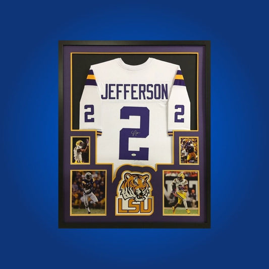 Justin Jefferson Signed Full Framed Custom LSU Tigers Jersey – autographed memorabilia, Pro Bowl wide receiver collectible, centerpiece for LSU followers.