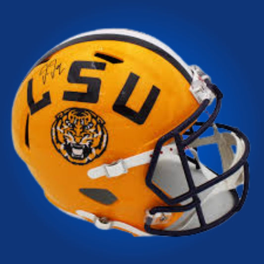 Autographed LSU Tigers full size framed helmet signed by Justin Jefferson, displayed on a white background. SportsMarkets official memorabilia image.