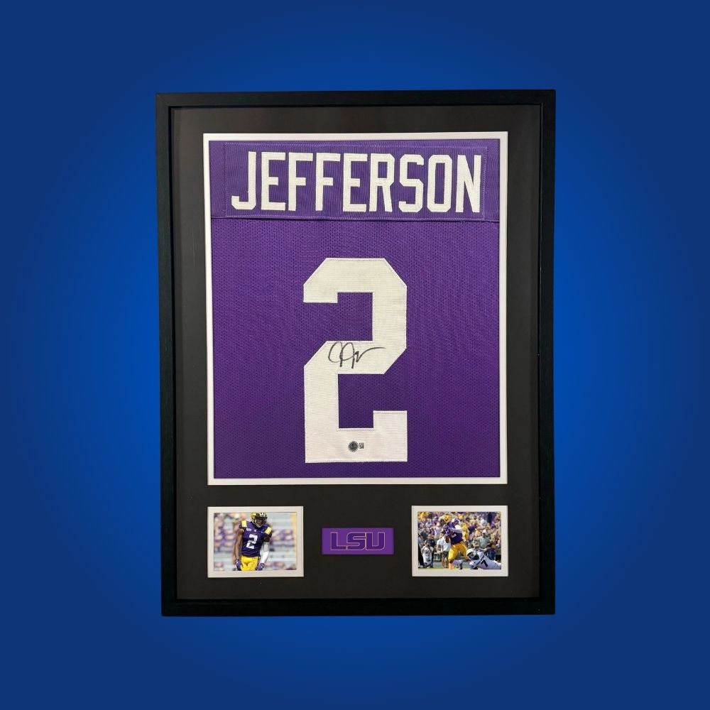 Justin Jefferson Signed Full Framed Custom LSU Tigers Jersey – autographed memorabilia, Pro Bowl wide receiver collectible, centerpiece for LSU followers.