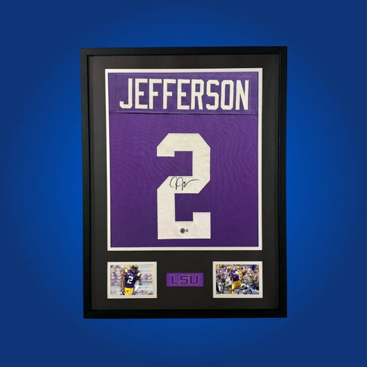 Justin Jefferson Signed Full Framed Custom LSU Tigers Jersey – autographed memorabilia, Pro Bowl wide receiver collectible, centerpiece for LSU followers.
