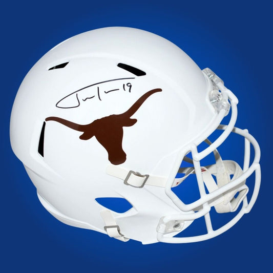Autographed full size replica helmet by Justin Tucker, legendary Texas Longhorns kicker, presented on a white backdrop for professional product clarity. An ideal collectible for fans and memorabilia displays. SportsMarkets memorabilia photo.