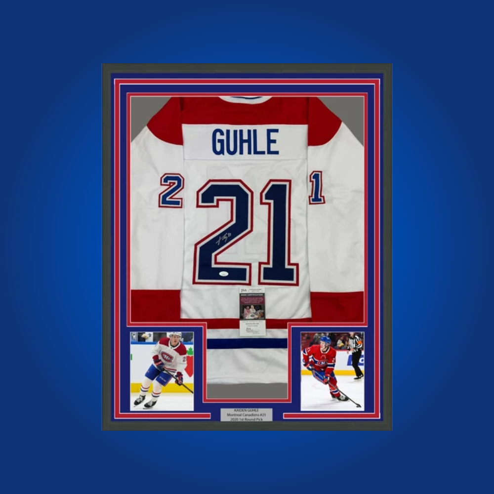 Kaiden Guhle’s signed full framed Montreal Canadiens white jersey is a prime collectible for fans, spotlighting the emerging defenseman’s bright future in Montreal.