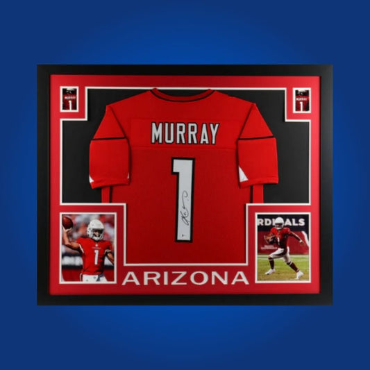 Framed Arizona Cardinals jersey signed by Kyler Murray with action photos and Certificate of Authenticity.