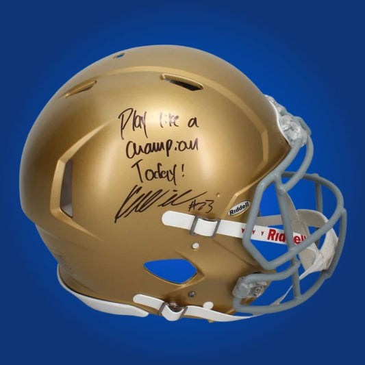 Autographed Notre Dame Fighting Irish full size Authentic Helmet signed by Kyren Williams, shown on a white display background. SportsMarkets product photo.