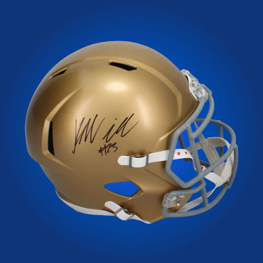 Autographed Notre Dame Fighting Irish full size replica helmet signed by Kyren Williams, shown on a white display background. SportsMarkets product photo.