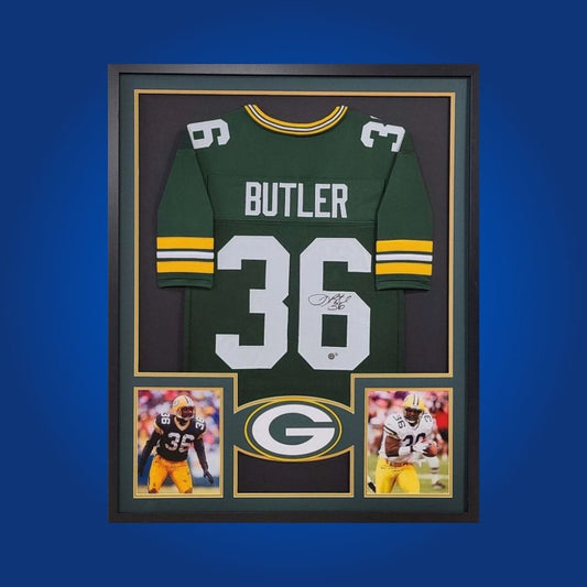 LeRoy Butler signed Packers jersey, custom framed with two football photographs and Certificate of Authenticity.
