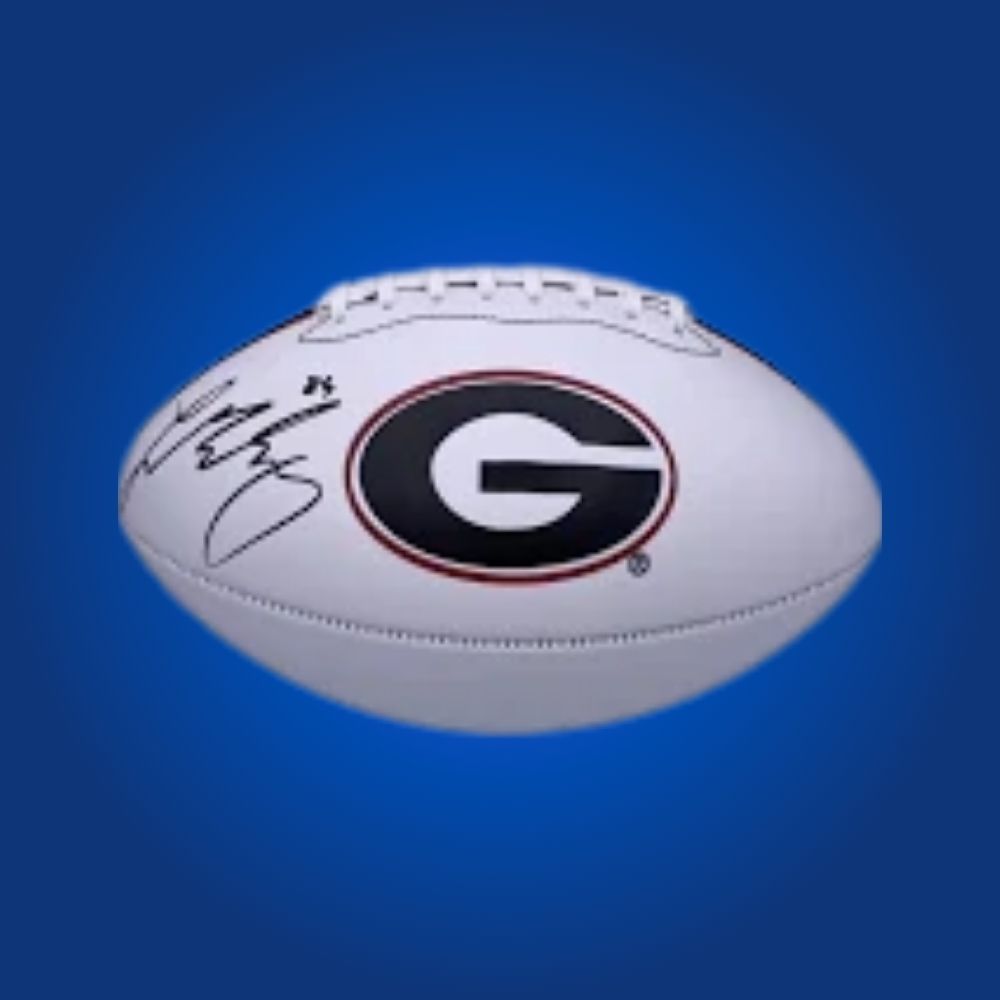 Ladd McConkey autographed Georgia Bulldogs white logo football, perfect for Bulldogs fans and collectors.