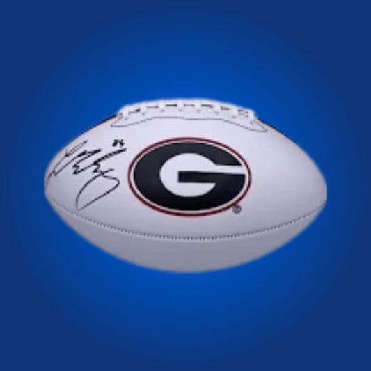 Ladd McConkey autographed Georgia Bulldogs white logo football, perfect for Bulldogs fans and collectors.
