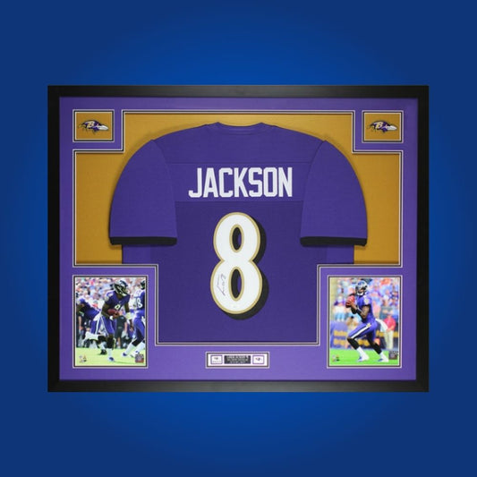 Framed Baltimore Ravens custom jersey signed by Lamar Jackson with Certificate of Authenticity.